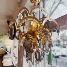 Load image into Gallery viewer, 1970s / 5 Tier Smoky Glass Disc & Brass Chandelier