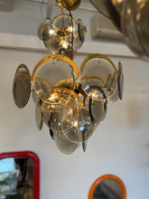 Load image into Gallery viewer, 1970s / 4 Tier Smoky Glass Disc & Brass Chandelier