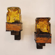 Load image into Gallery viewer, BRUTALIST / Amber Glass with Wood & Metal Base Wall Light