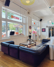 Load image into Gallery viewer, VANDEROZA / 1970’s Modular Sofa in Black Leather + Aubergine Velvet