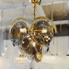 Load image into Gallery viewer, 1970s / 3 Tier Smoky Glass Disc & Brass Chandelier