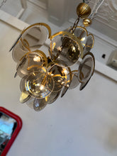 Load image into Gallery viewer, 1970s / 4 Tier Smoky Glass Disc & Brass Chandelier