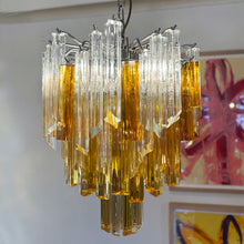 Load image into Gallery viewer, VINTAGE GLASS / Amber + Crystal 1970s Waterfall Chandelier in the manner of Venini Italy