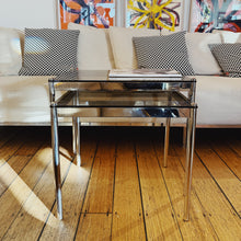 Load image into Gallery viewer, 1970s HEAVY CHROME / Nesting Tables w/Bronze Fumé Glass