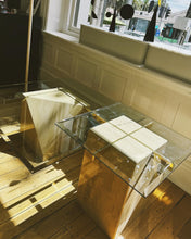 Load image into Gallery viewer, VINTAGE / Artedi Style Post Modern Travertine + Brass Coffee and Side Tables