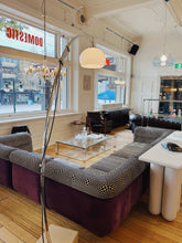 Load image into Gallery viewer, VINTAGE / 1960s Italian Chrome + Travertine Stone Arc Floor Lamp