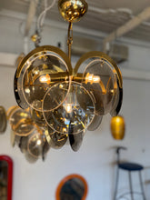 Load image into Gallery viewer, 1970s / 3 Tier Smoky Glass Disc &amp; Brass Chandelier
