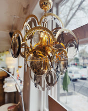 Load image into Gallery viewer, 1970s / 5 Tier Smoky Glass Disc &amp; Brass Chandelier
