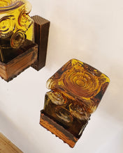 Load image into Gallery viewer, BRUTALIST / Amber Glass with Wood &amp; Metal Base Wall Light
