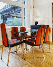 Load image into Gallery viewer, RICHMAN / 1970s Chrome Cherry + Burnt Orange Striped Dining Chairs
