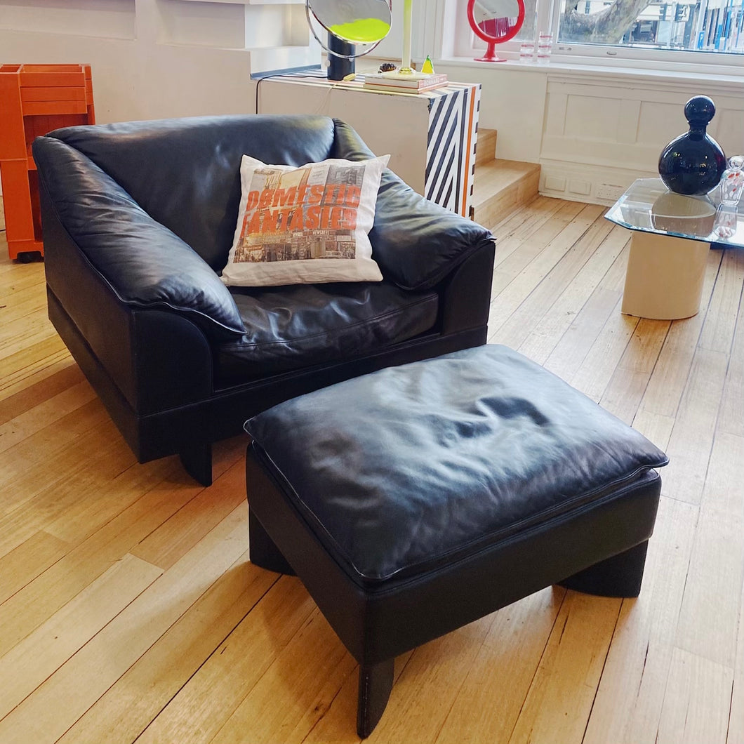POLTRONA FRAU / Post Modern Black Leather Lounge Chair + Ottoman