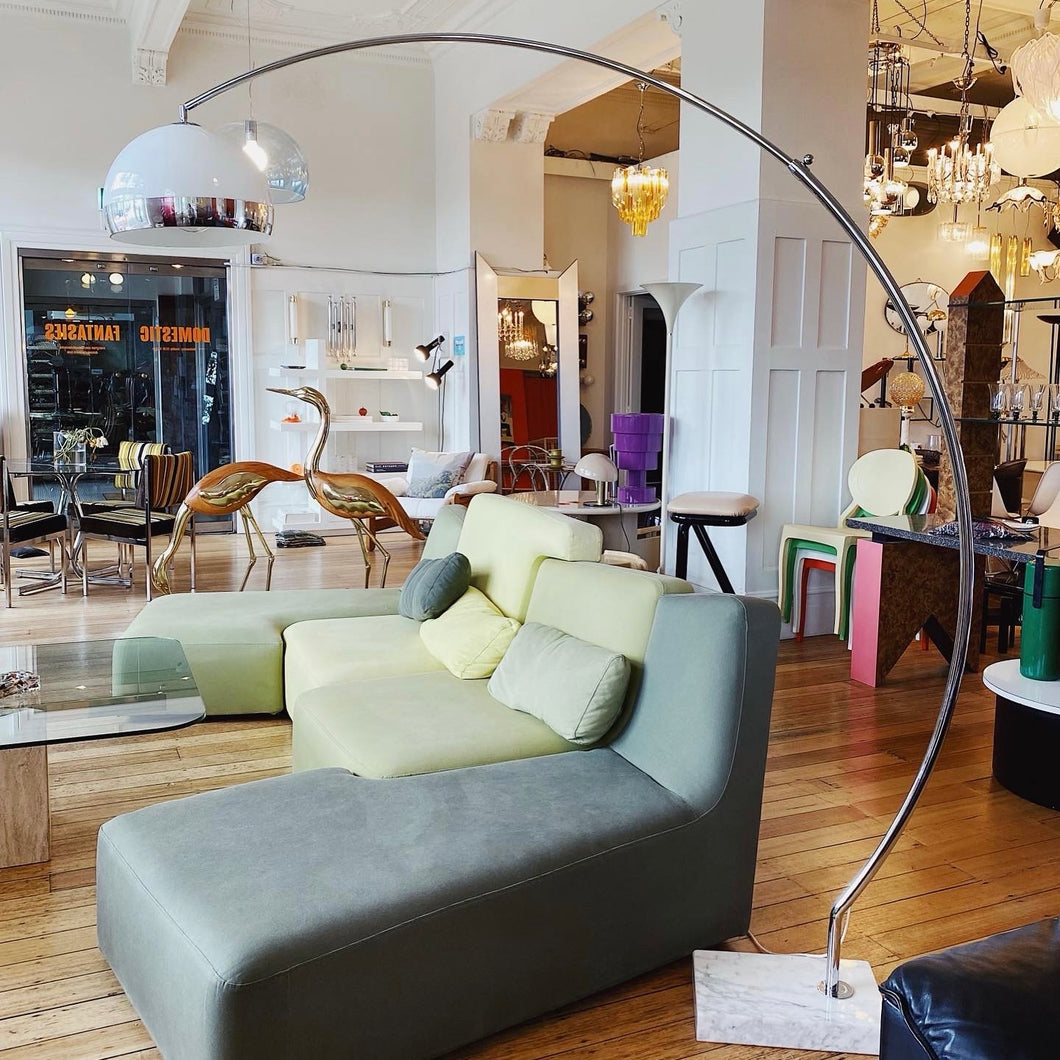 HARVEY GUZZINI / 1970s Chrome + Marble Italian Arc Lamp
