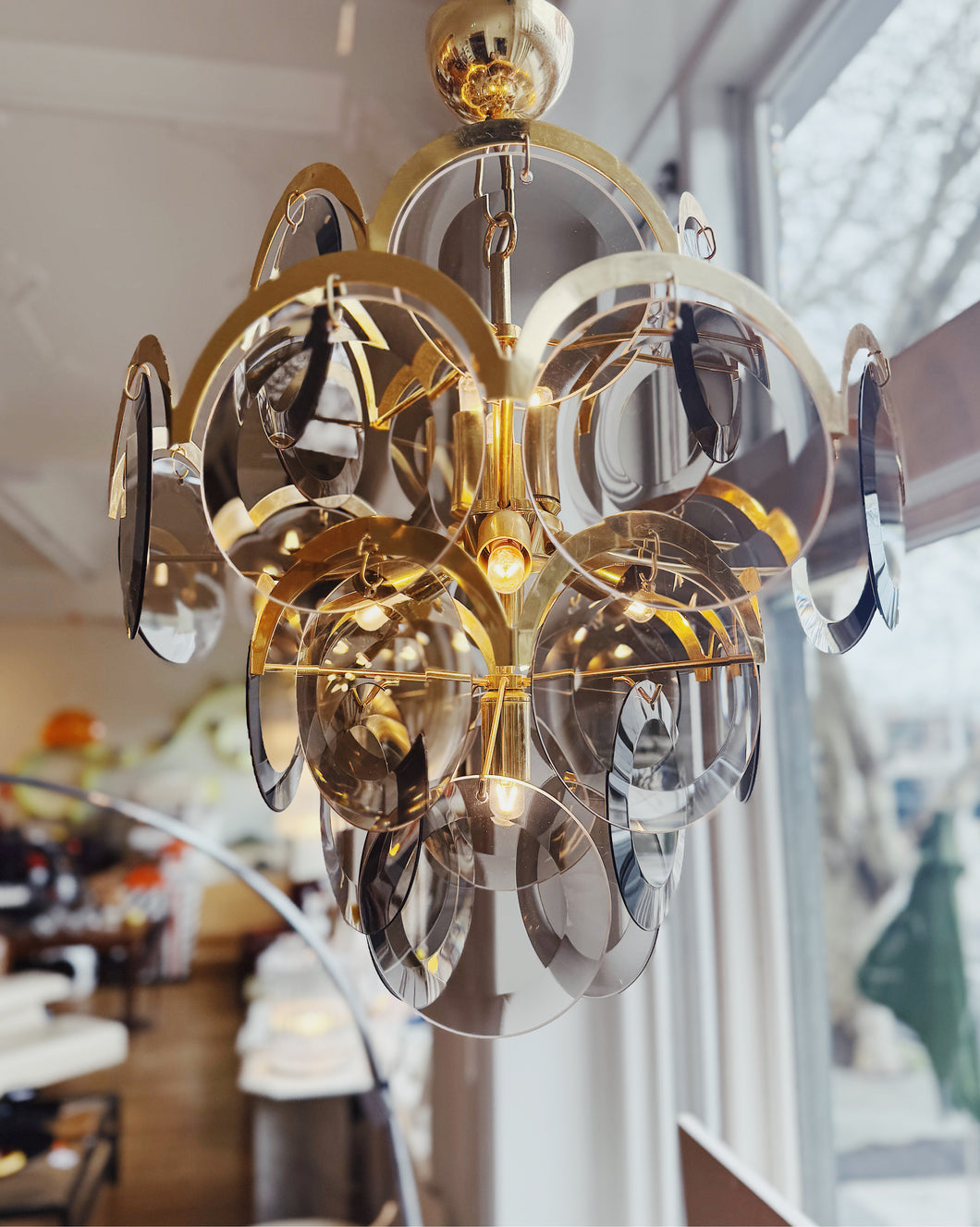 1970s / 5 Tier Smoky Glass Disc & Brass Chandelier