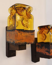 Load image into Gallery viewer, BRUTALIST / Amber Glass with Wood &amp; Metal Base Wall Light
