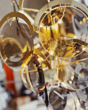 Load image into Gallery viewer, 1970s / 5 Tier Smoky Glass Disc &amp; Brass Chandelier
