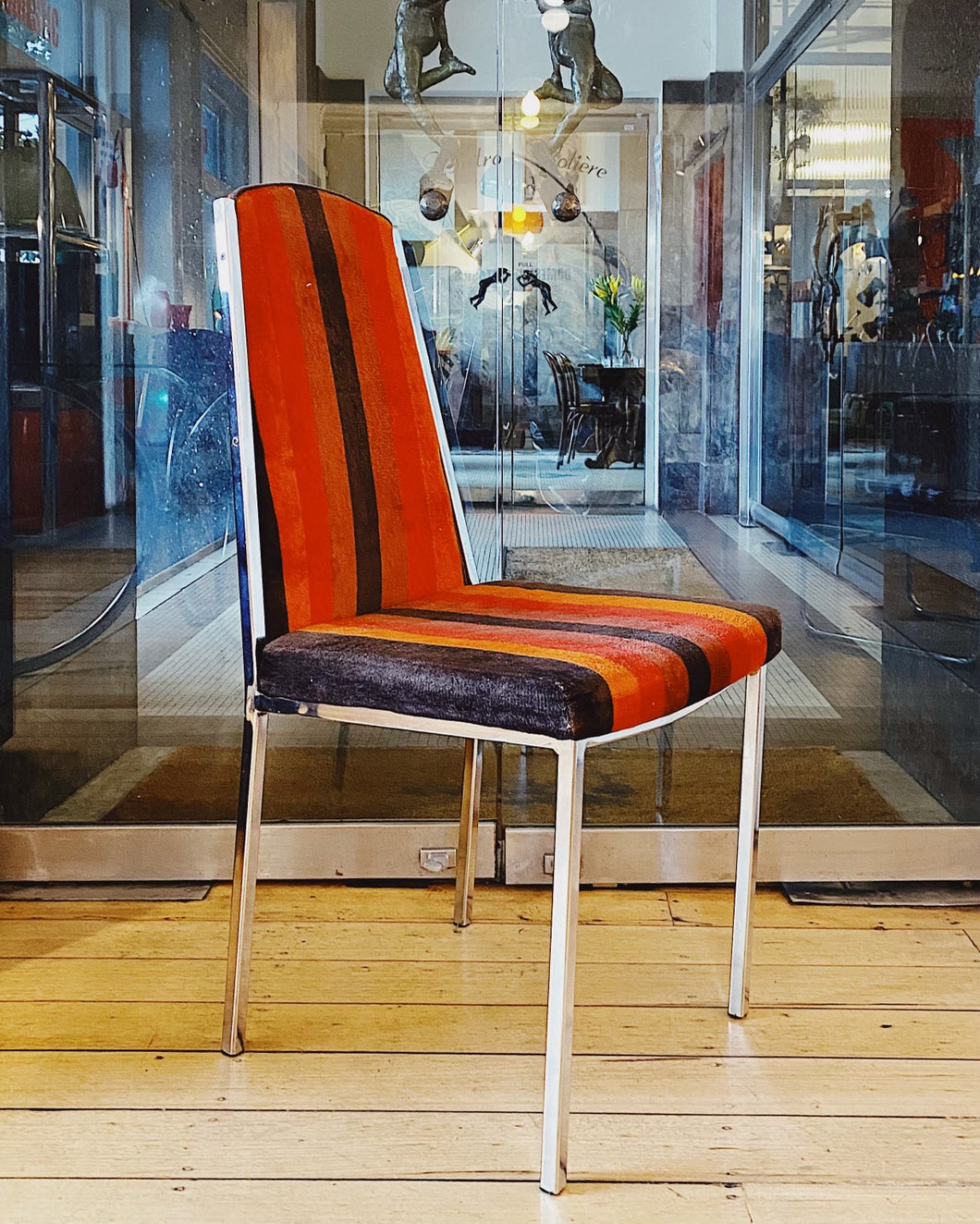 RICHMAN / 1970s Chrome Cherry + Burnt Orange Striped Dining Chairs