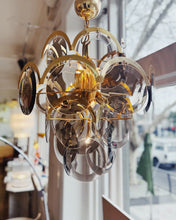 Load image into Gallery viewer, 1970s / 5 Tier Smoky Glass Disc &amp; Brass Chandelier

