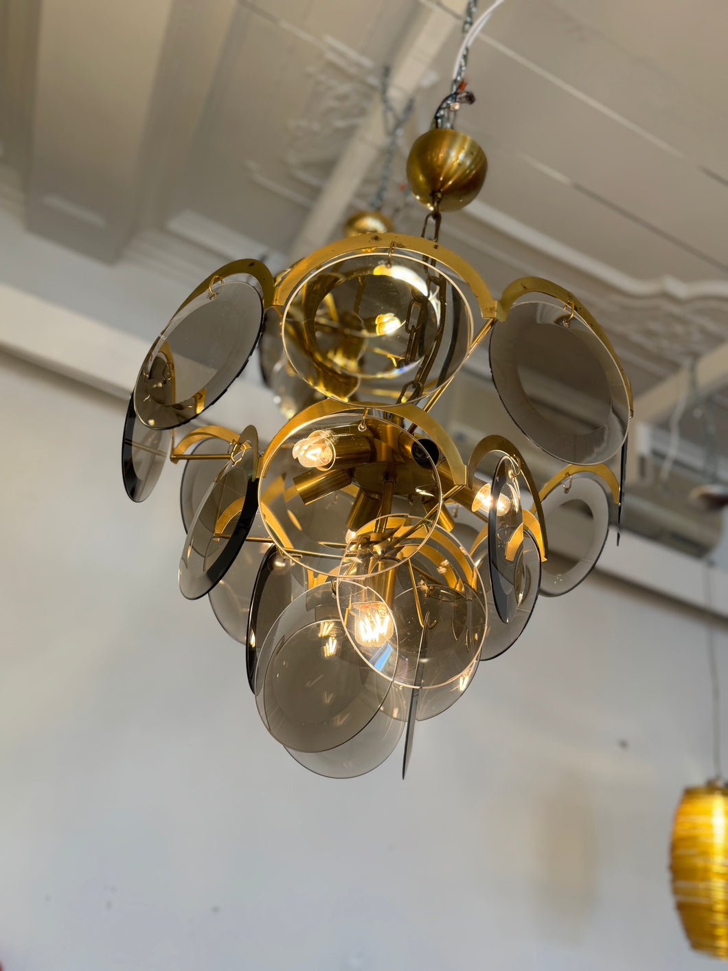 1970s / 4 Tier Smoky Glass Disc & Brass Chandelier