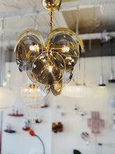 Load image into Gallery viewer, 1970s / 3 Tier Smoky Glass Disc &amp; Brass Chandelier
