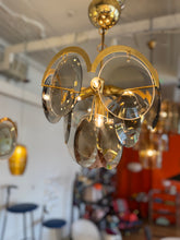 Load image into Gallery viewer, 1970s / 3 Tier Smoky Glass Disc &amp; Brass Chandelier
