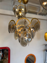 Load image into Gallery viewer, 1970s / 4 Tier Smoky Glass Disc &amp; Brass Chandelier
