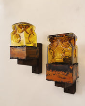 Load image into Gallery viewer, BRUTALIST / Amber Glass with Wood &amp; Metal Base Wall Light
