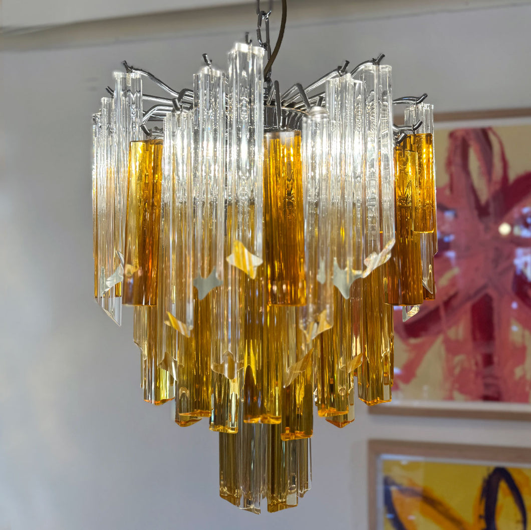 VINTAGE GLASS / Amber + Crystal 1970s Waterfall Chandelier in the manner of Venini Italy