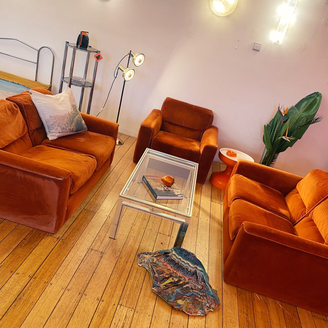 FANTASY #318 / 1970s Three Piece Burnt Orange Sofa Setting