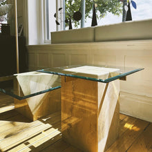 Load image into Gallery viewer, VINTAGE / Artedi Style Post Modern Travertine + Brass Coffee and Side Tables
