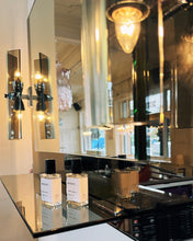 Load image into Gallery viewer, FONTANA ARTE / 1970s Gun Metal + Chrome Mirror w/ Smoke Glass Sconces
