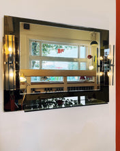 Load image into Gallery viewer, FONTANA ARTE / 1970s Gun Metal + Chrome Mirror w/ Smoke Glass Sconces

