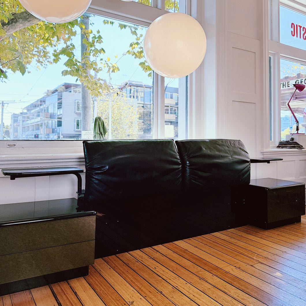 POST MODERN / Alanda Style Leather Bedhead w/Attached Nightstands + Bedside Tables