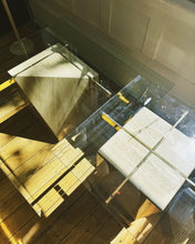 Load image into Gallery viewer, VINTAGE / Artedi Style Post Modern Travertine + Brass Coffee and Side Tables
