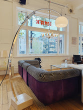 Load image into Gallery viewer, VINTAGE / 1960s Italian Chrome + Travertine Stone Arc Floor Lamp
