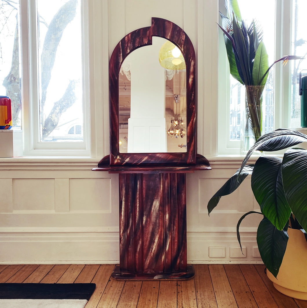 FANTASY #335 / Cardinal Ruby Hand Italian Marble Look Mirror + Console